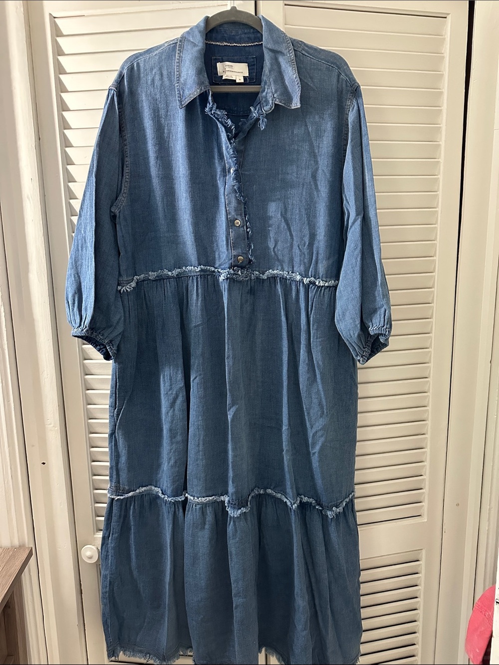 Anthropologie women’s Denim-Style Blue Tiered puff-sleeve Dress